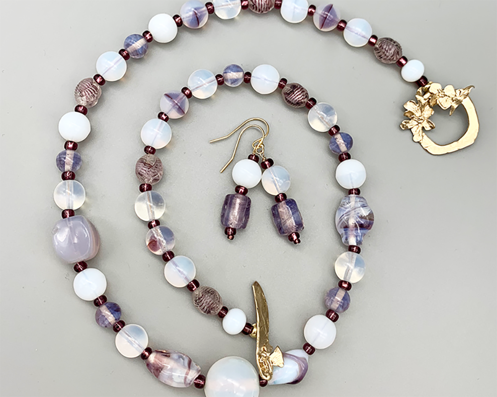 Necklace Set | Opalescent, milky white, pale amethyst mid-century glass beads