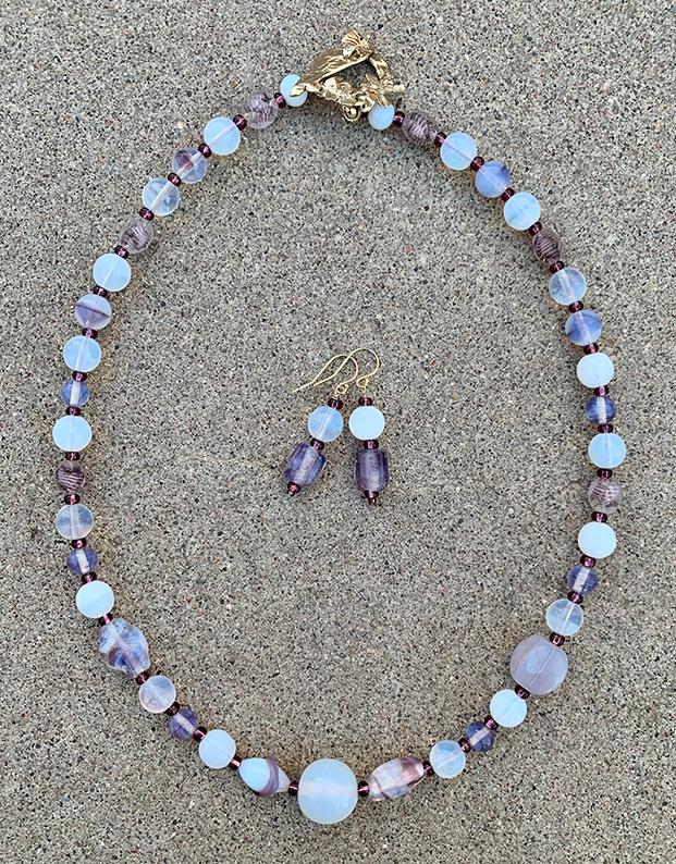 Necklace Set | Opalescent, milky white, pale amethyst mid-century glass beads