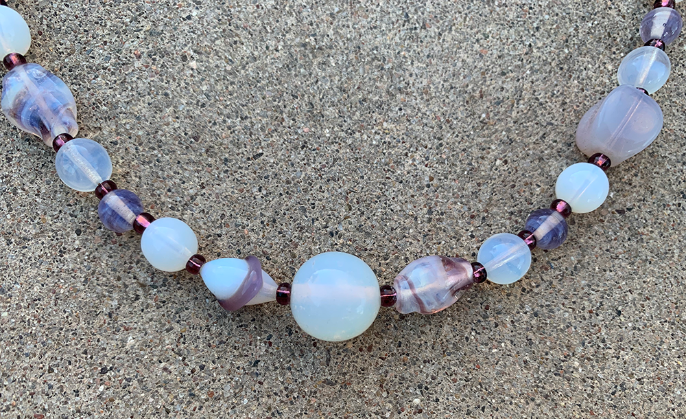 Necklace Set | Opalescent, milky white, pale amethyst mid-century glass beads