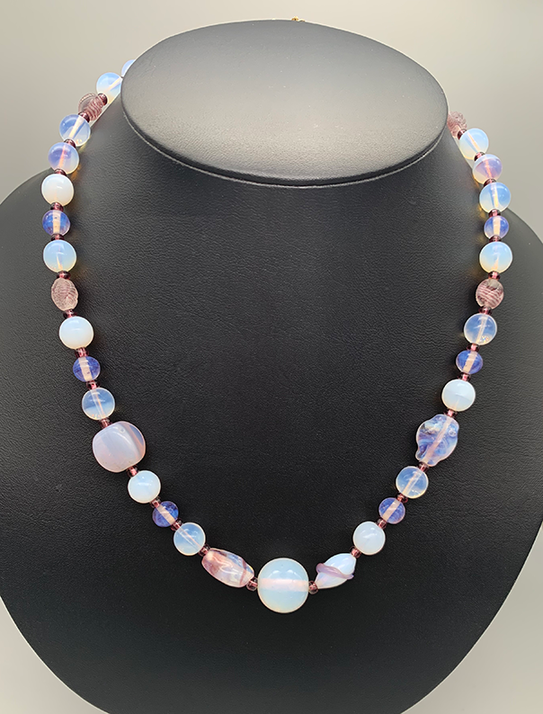 Necklace Set | Opalescent, milky white, pale amethyst mid-century glass beads