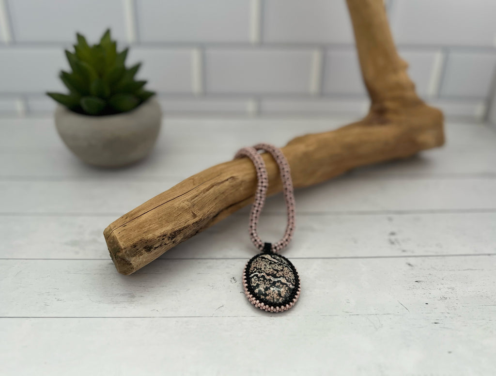 Pink and Black Jasper Pendant on Chenille Stich Beaded Necklace, 20 Inch