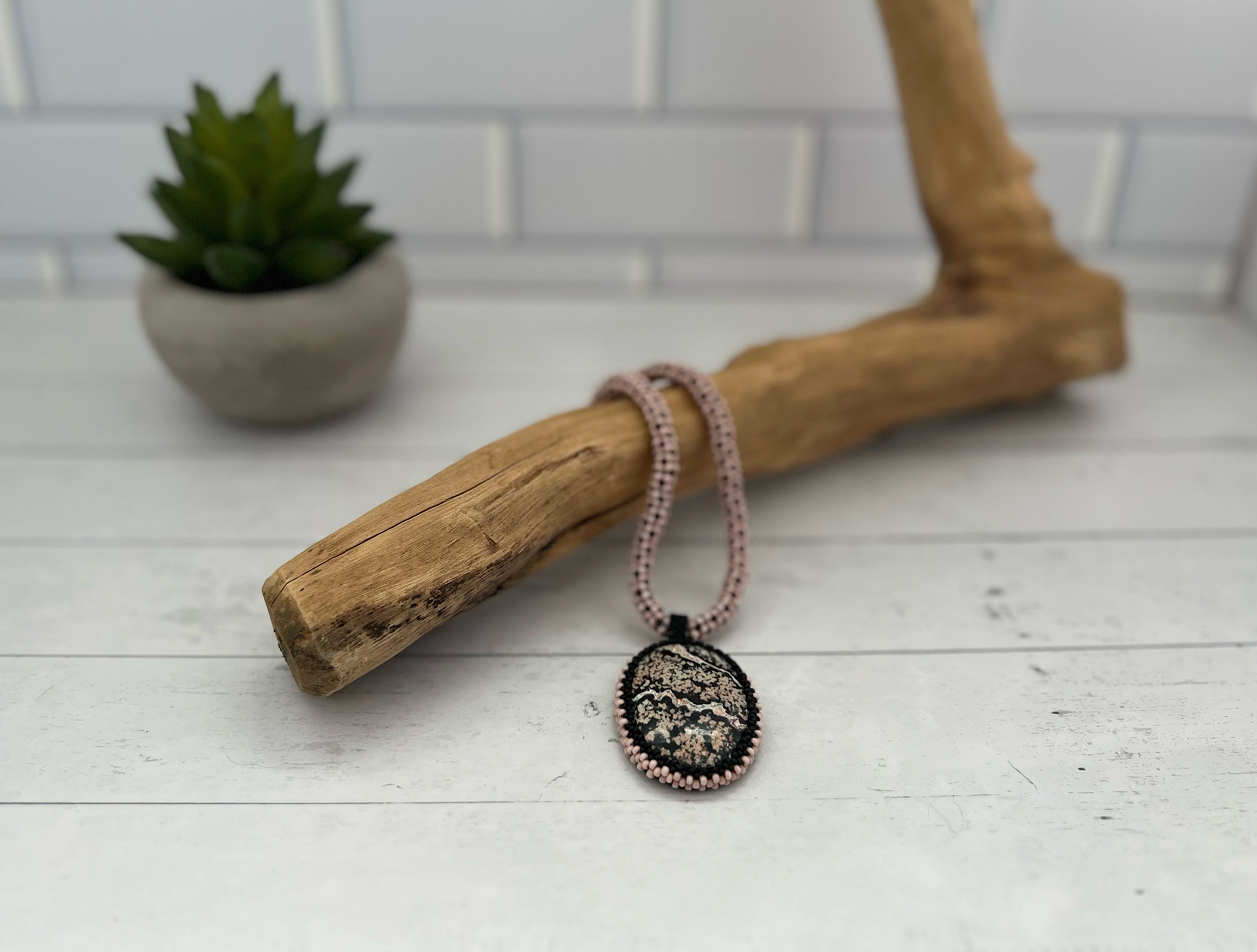 Pink and Black Jasper Pendant on Chenille Stich Beaded Necklace, 20 Inch
