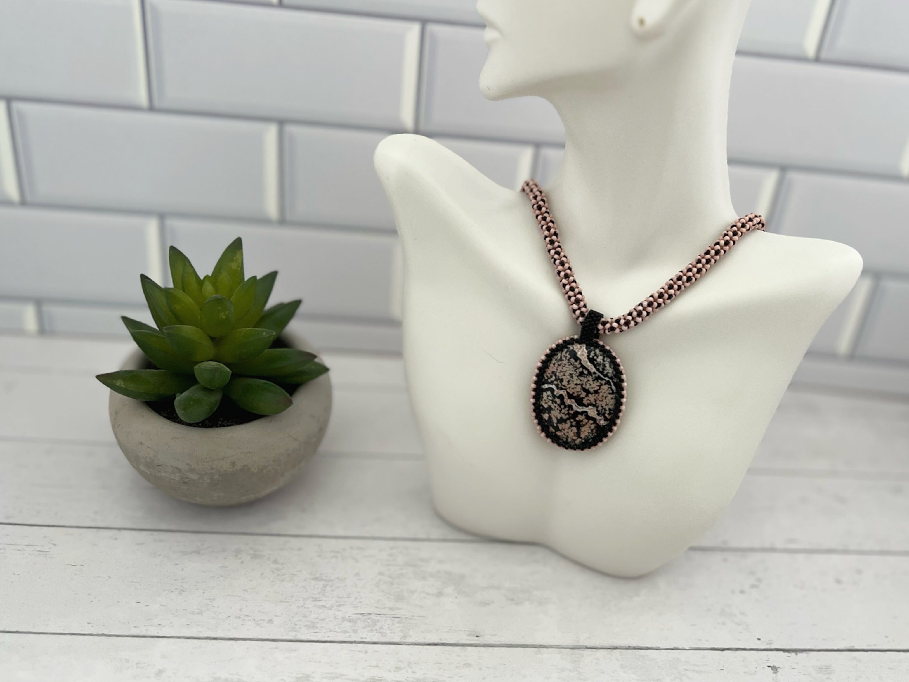 Pink and Black Jasper Pendant on Chenille Stich Beaded Necklace, 20 Inch