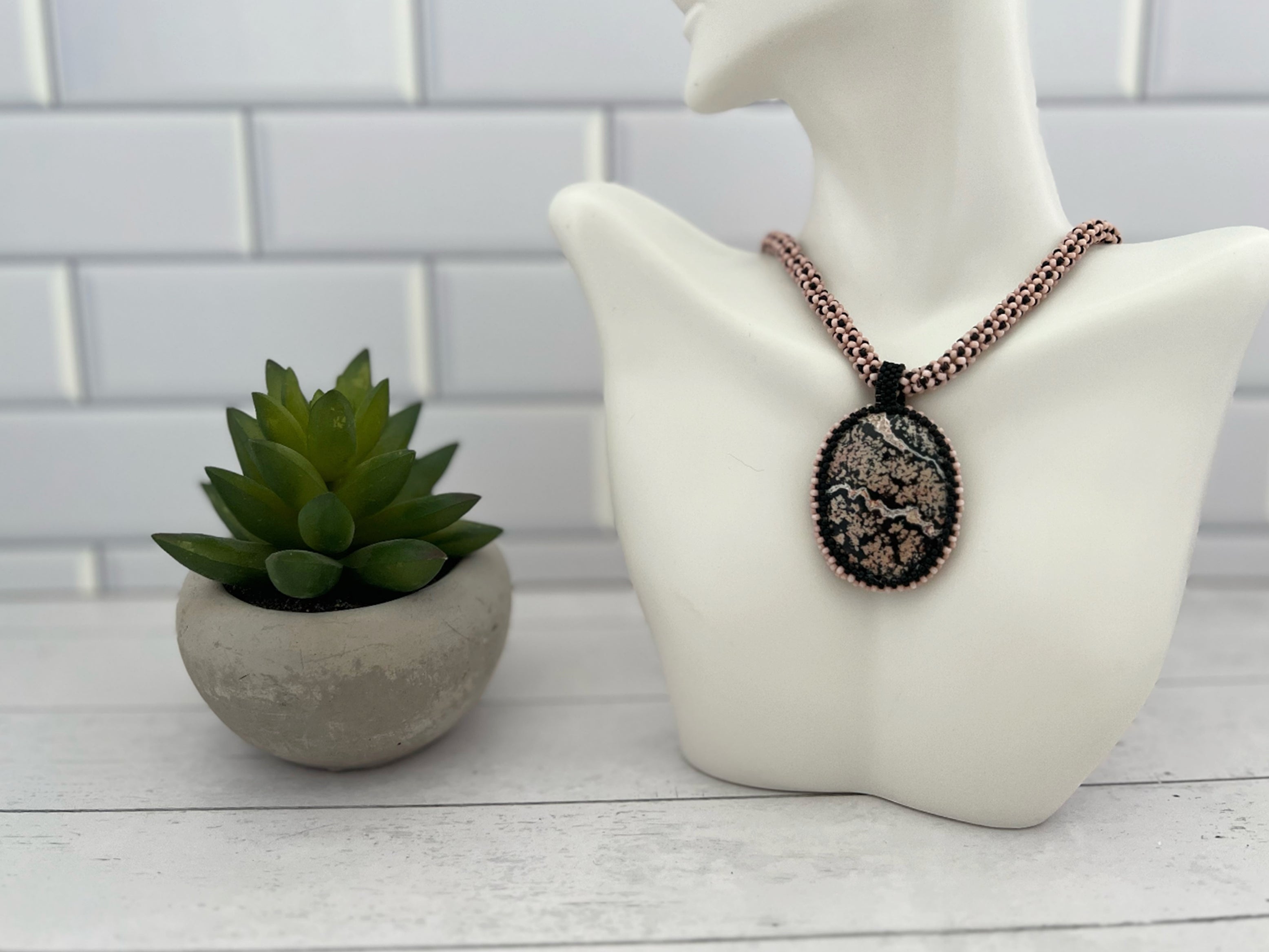 Pink and Black Jasper Pendant on Chenille Stich Beaded Necklace, 20 Inch