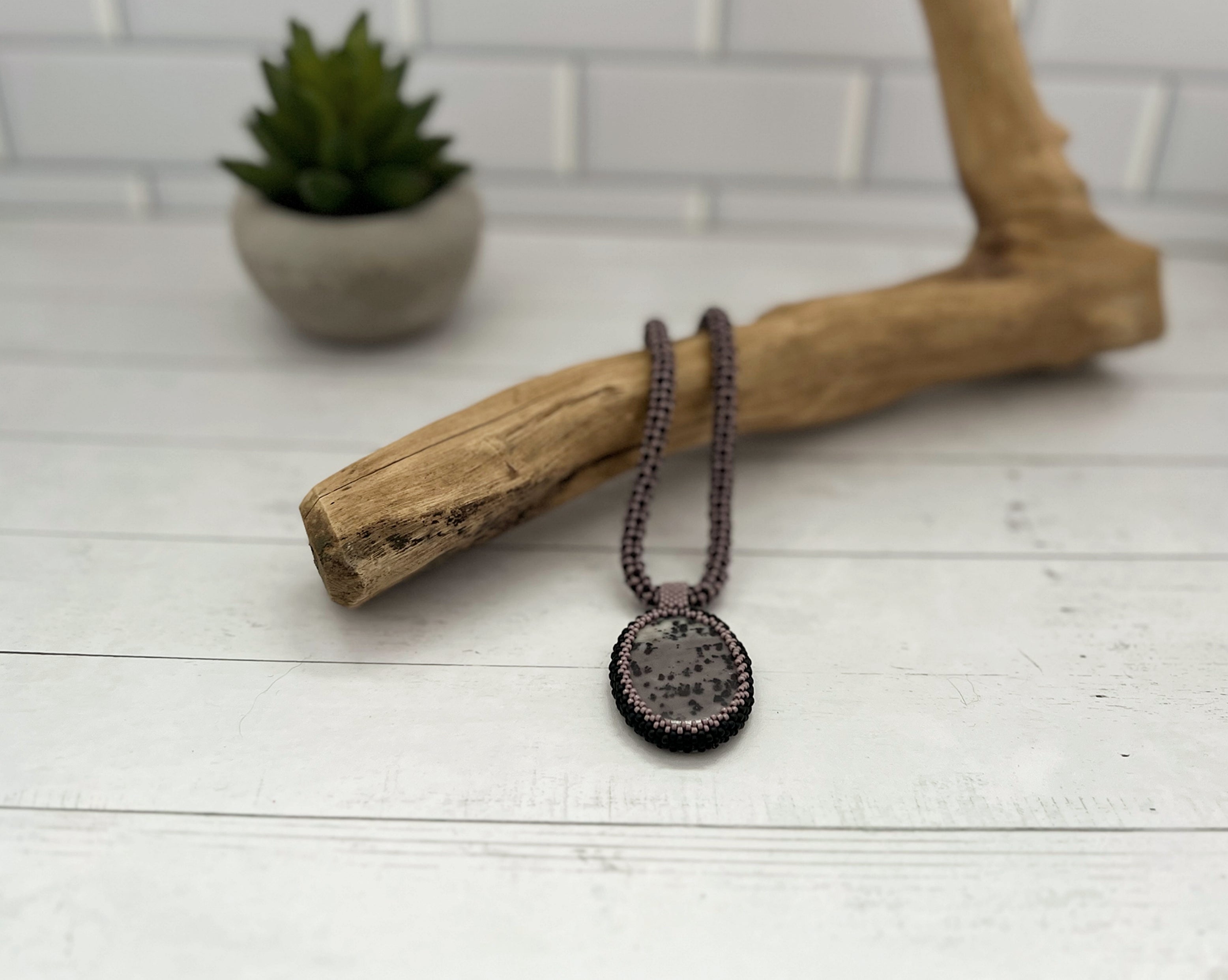 Lavender Jasper Pendant Necklace, Chenille Stitch Beaded Necklace, 18 Inch