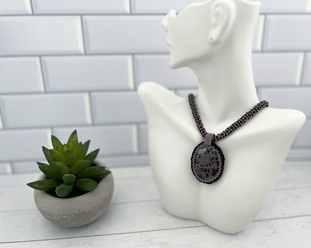 Lavender Jasper Pendant Necklace, Chenille Stitch Beaded Necklace, 18 Inch