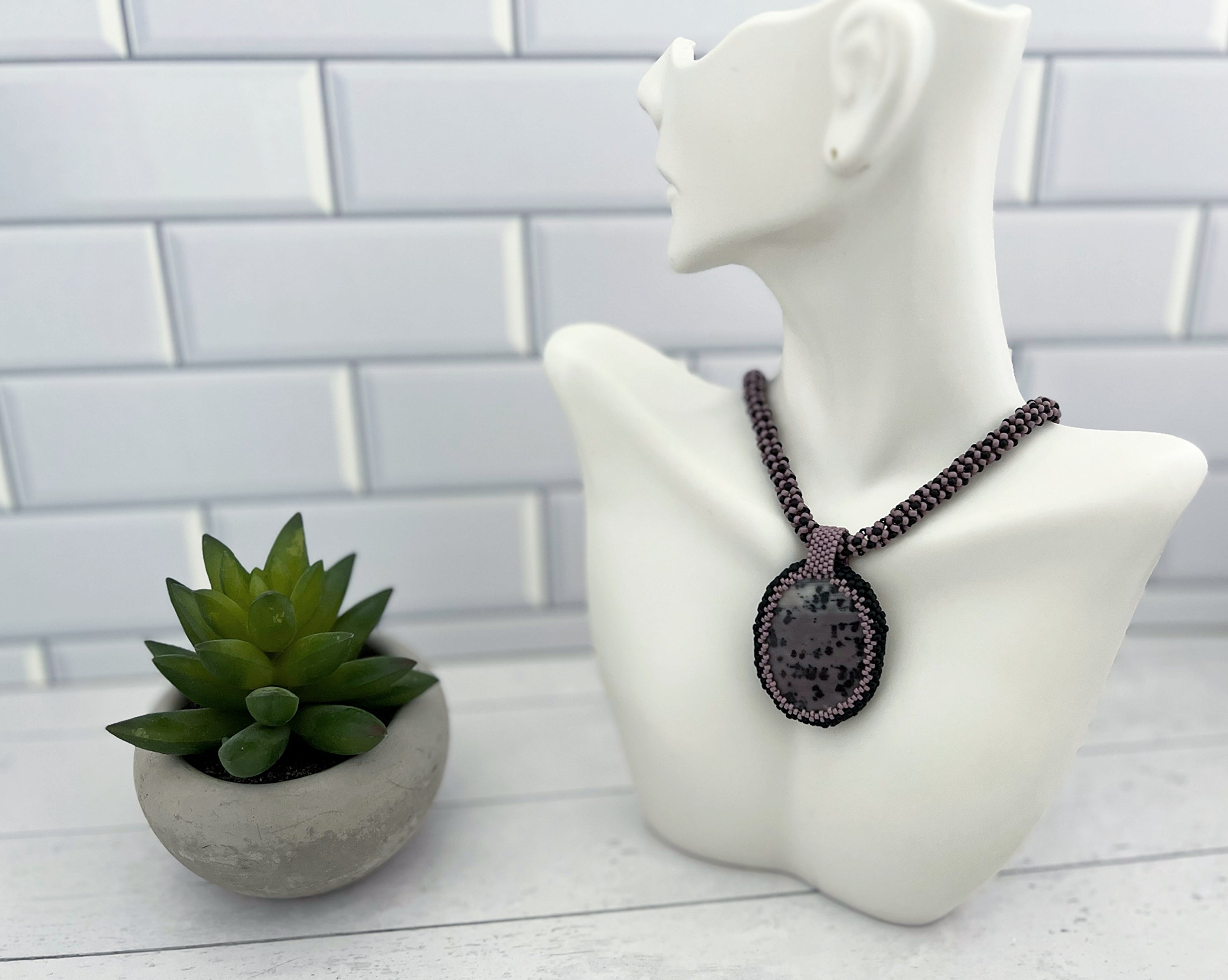 Lavender Jasper Pendant Necklace, Chenille Stitch Beaded Necklace, 18 Inch