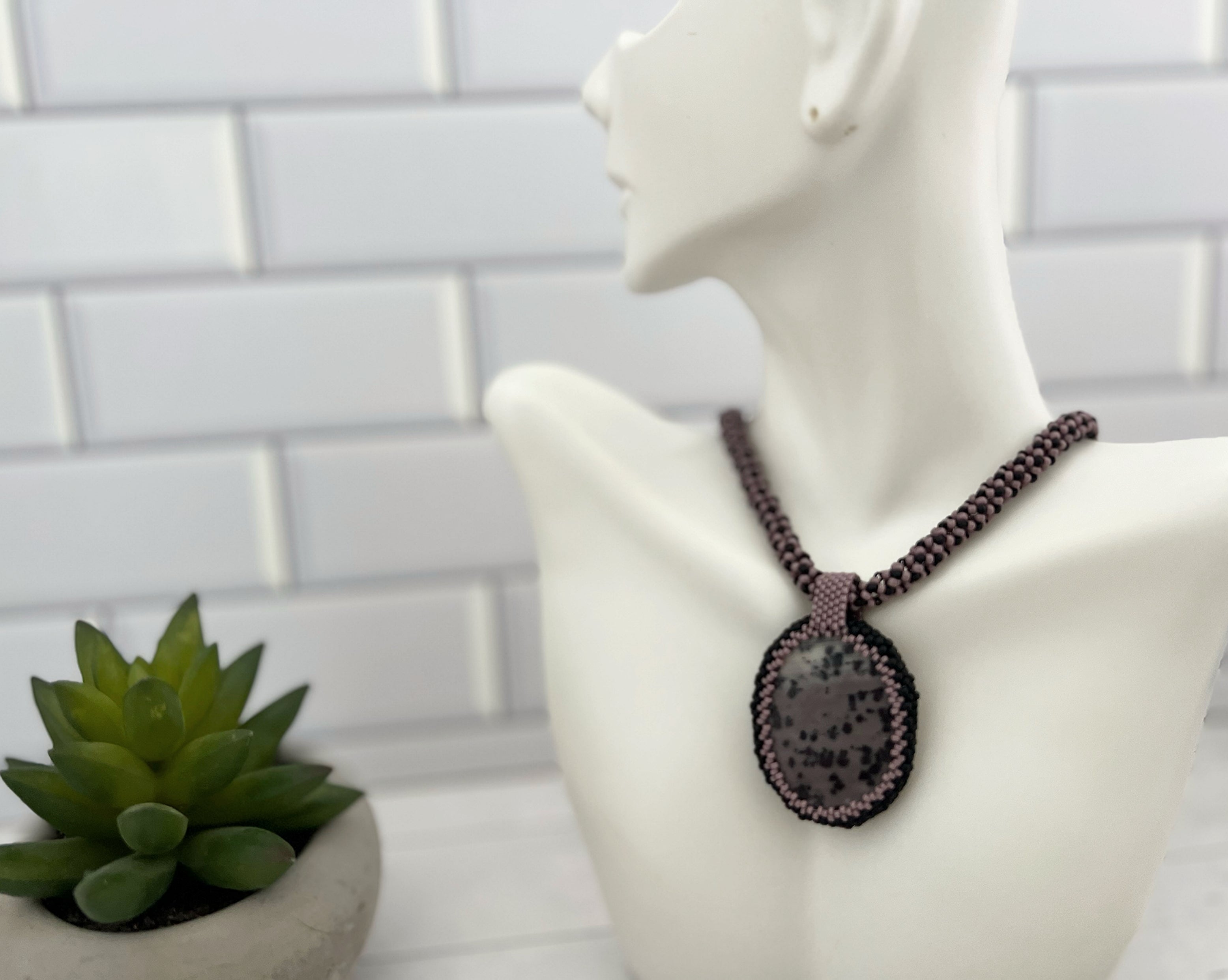 Lavender Jasper Pendant Necklace, Chenille Stitch Beaded Necklace, 18 Inch