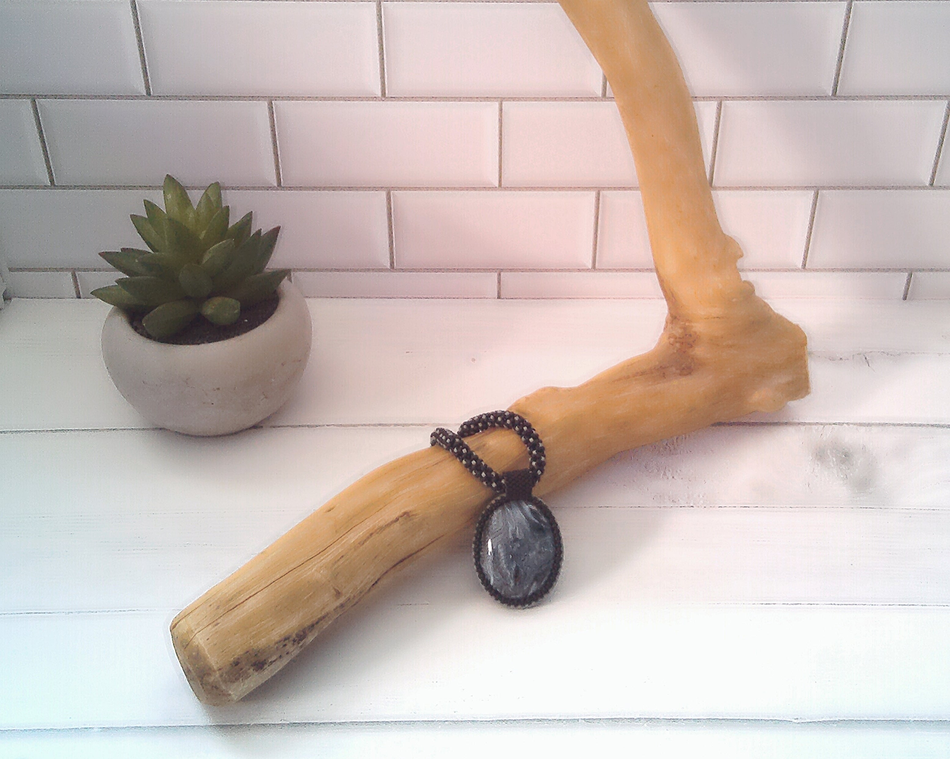 Black and Grey Beaded Necklace with Bead Wrapped Acrylic Pendant, 18 Inch