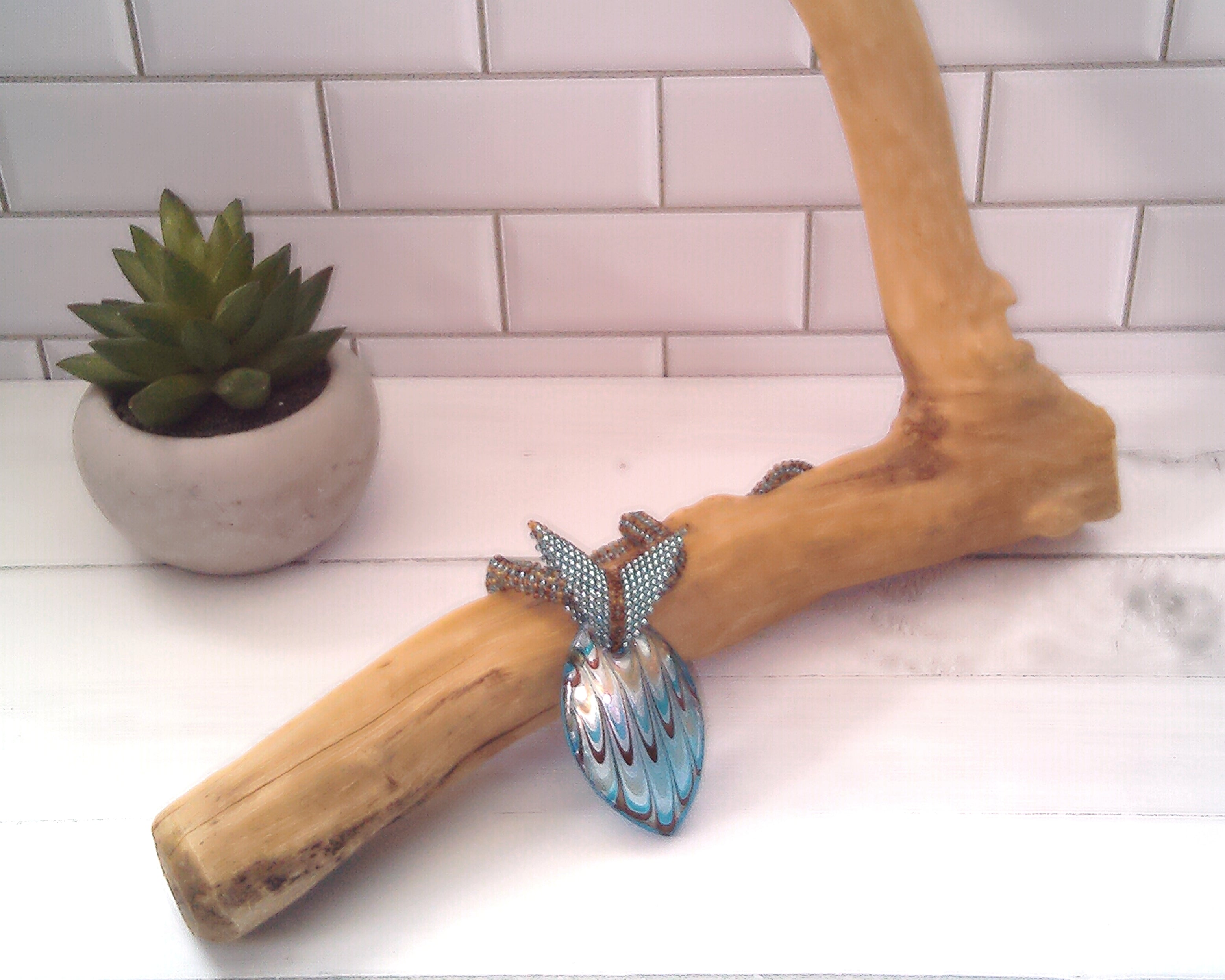 Teal and Brown Glass Pendant Necklace, Beaded Necklace, Nickel Free, 19 Inch