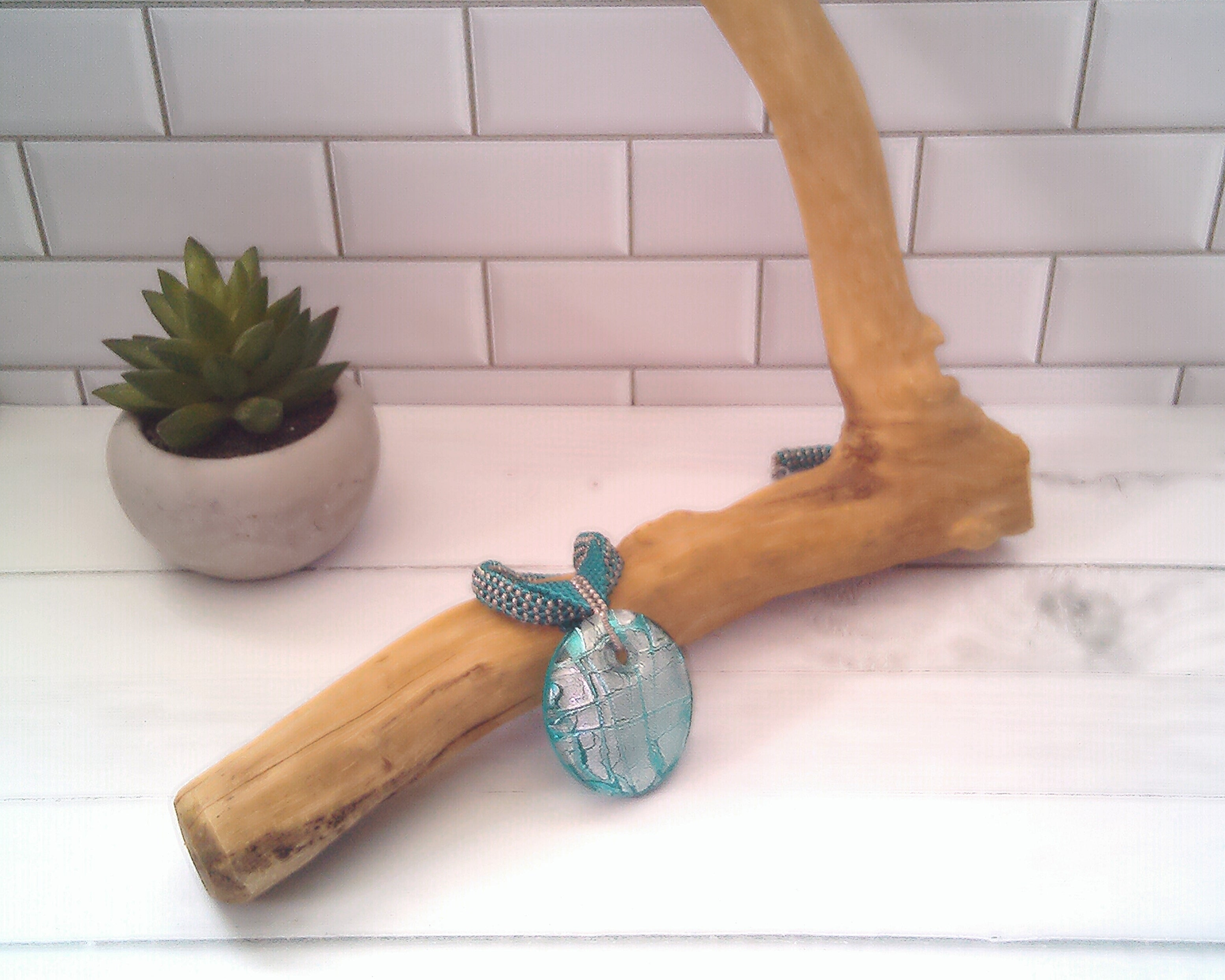 Teal and Silver Glass Pendant Necklace, Beaded Necklace, Nickel Free, 20 Inches