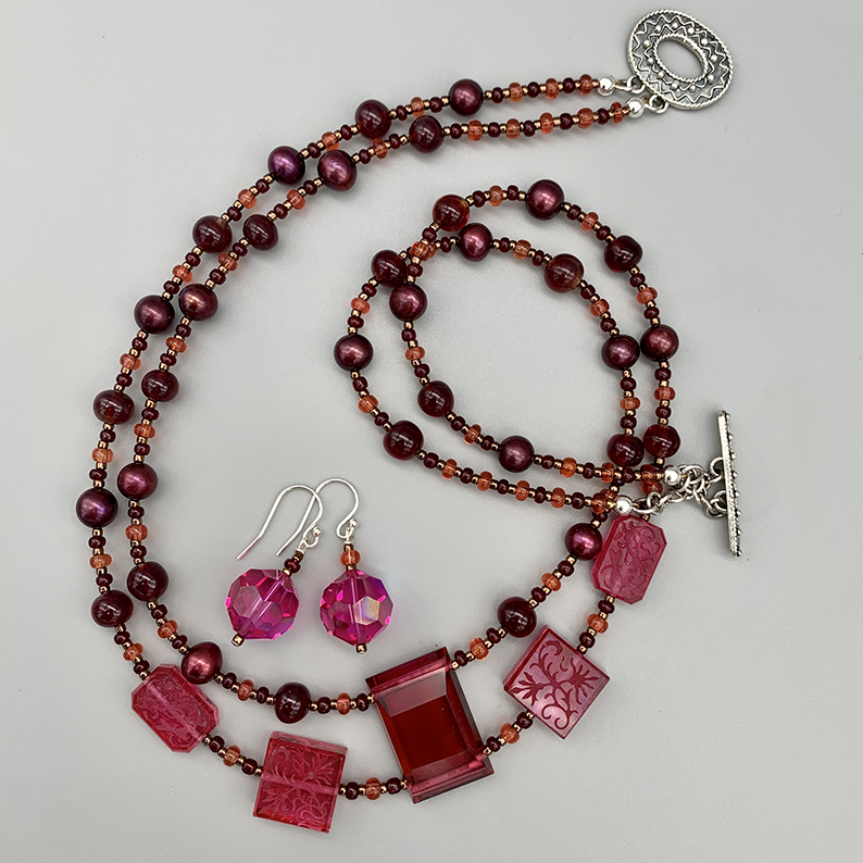 Necklace Set | Double strand 1920s-30s magenta French focal beads with freshwater pearls