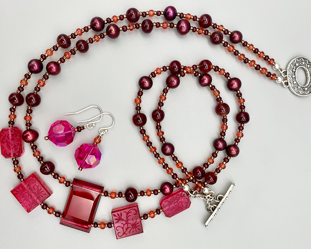Necklace Set | Double strand 1920s-30s magenta French focal beads with freshwater pearls