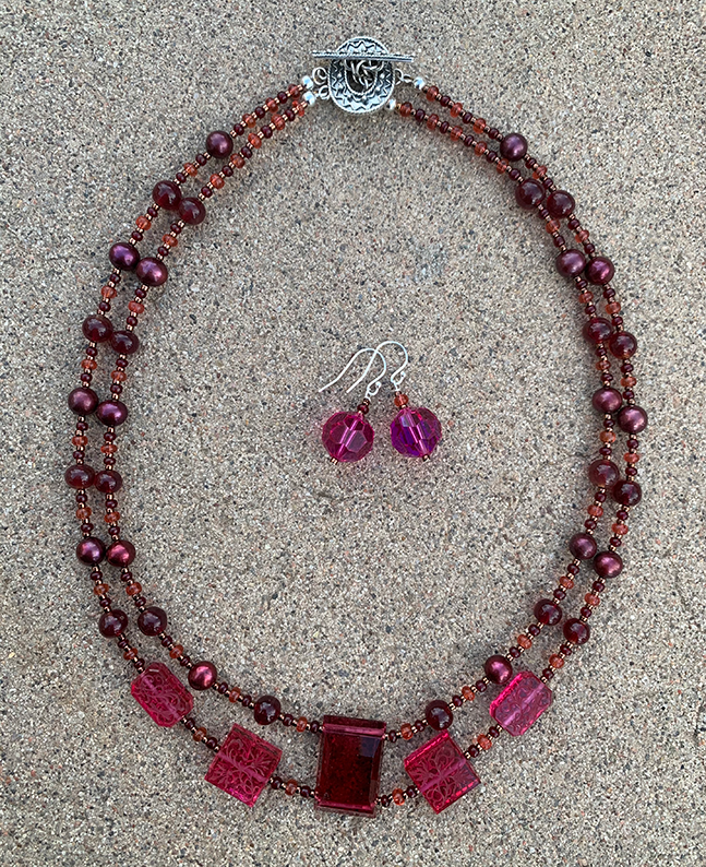 Necklace Set | Double strand 1920s-30s magenta French focal beads with freshwater pearls