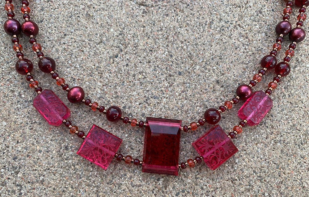 Necklace Set | Double strand 1920s-30s magenta French focal beads with freshwater pearls
