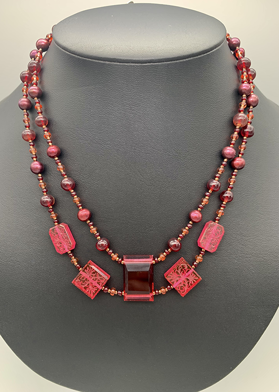 Necklace Set | Double strand 1920s-30s magenta French focal beads with freshwater pearls