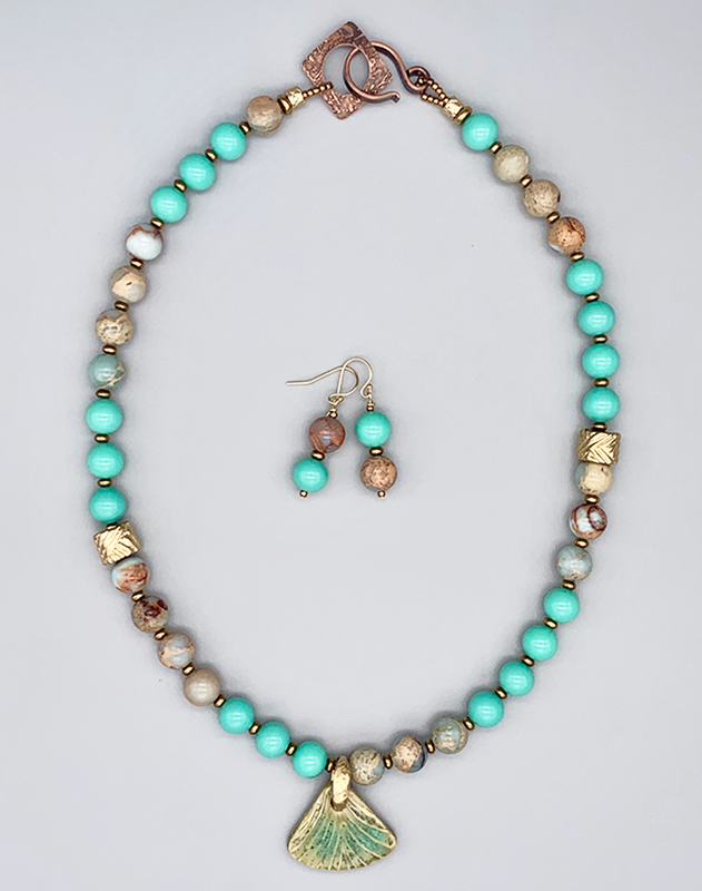 Necklace Set | Artisan ceramic pendant, snakeskin jasper, Japanese Cherry Brand mid-century turquoise glass rounds, artisan findings