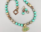Necklace Set | Artisan ceramic pendant, snakeskin jasper, Japanese Cherry Brand mid-century turquoise glass rounds, artisan findings
