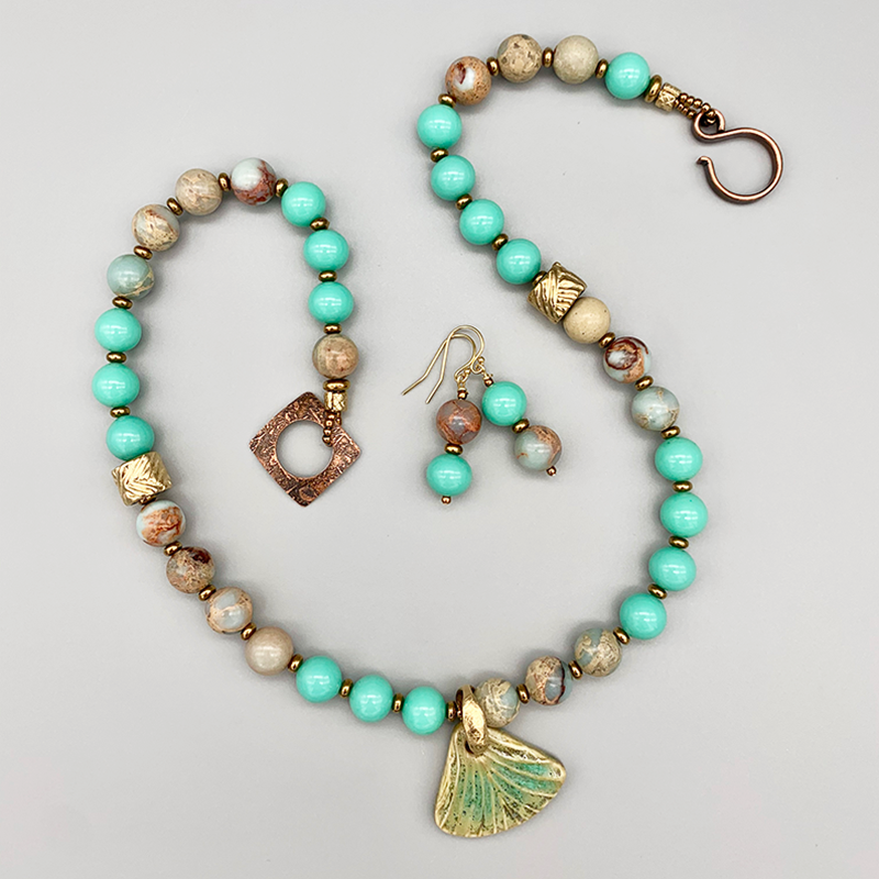 Necklace Set | Artisan ceramic pendant, snakeskin jasper, Japanese Cherry Brand mid-century turquoise glass rounds, artisan findings