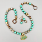 Necklace Set | Artisan ceramic pendant, snakeskin jasper, Japanese Cherry Brand mid-century turquoise glass rounds, artisan findings