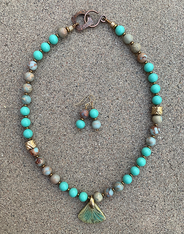 Necklace Set | Artisan ceramic pendant, snakeskin jasper, Japanese Cherry Brand mid-century turquoise glass rounds, artisan findings