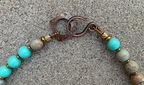 Necklace Set | Artisan ceramic pendant, snakeskin jasper, Japanese Cherry Brand mid-century turquoise glass rounds, artisan findings