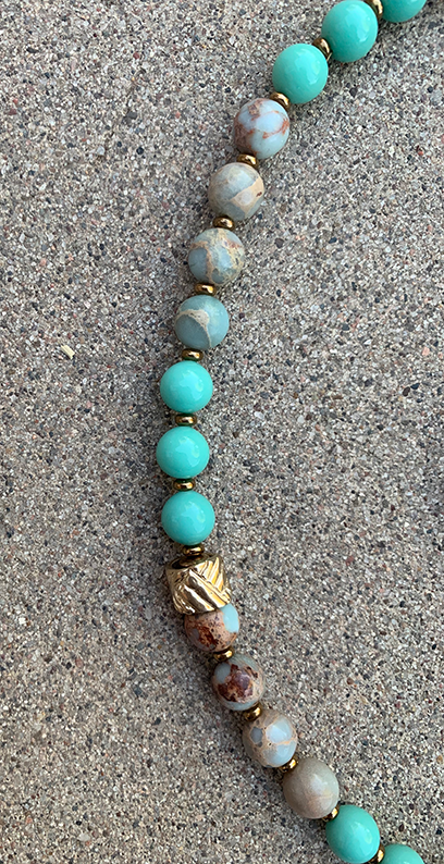 Necklace Set | Artisan ceramic pendant, snakeskin jasper, Japanese Cherry Brand mid-century turquoise glass rounds, artisan findings