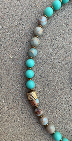 Necklace Set | Artisan ceramic pendant, snakeskin jasper, Japanese Cherry Brand mid-century turquoise glass rounds, artisan findings