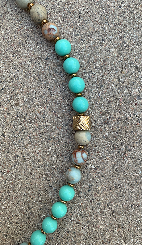 Necklace Set | Artisan ceramic pendant, snakeskin jasper, Japanese Cherry Brand mid-century turquoise glass rounds, artisan findings