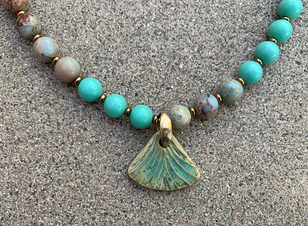 Necklace Set | Artisan ceramic pendant, snakeskin jasper, Japanese Cherry Brand mid-century turquoise glass rounds, artisan findings