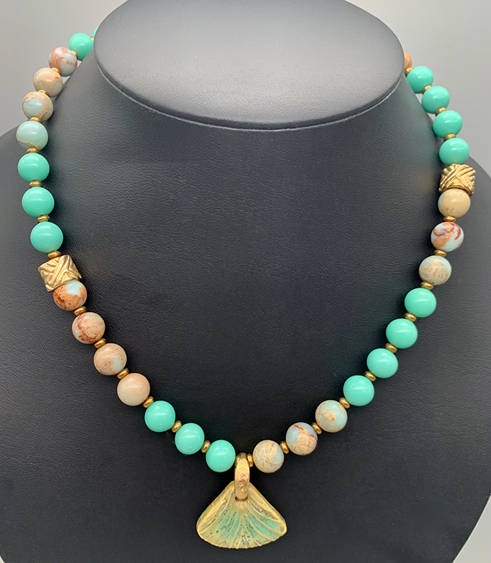 Necklace Set | Artisan ceramic pendant, snakeskin jasper, Japanese Cherry Brand mid-century turquoise glass rounds, artisan findings