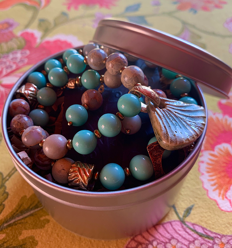 Necklace Set | Artisan ceramic pendant, snakeskin jasper, Japanese Cherry Brand mid-century turquoise glass rounds, artisan findings