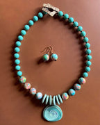 Necklace set | Artisan ceramic spiral swirl pendant, turquoise palette, 1950s Japanese Cherry Brand rounds, vintage Japanese swirl rounds, SW Style clasp