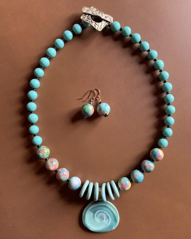 Necklace set | Artisan ceramic spiral swirl pendant, turquoise palette, 1950s Japanese Cherry Brand rounds, vintage Japanese swirl rounds, SW Style clasp