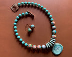 Necklace set | Artisan ceramic spiral swirl pendant, turquoise palette, 1950s Japanese Cherry Brand rounds, vintage Japanese swirl rounds, SW Style clasp