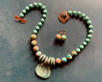 Necklace set | Artisan ceramic spiral swirl pendant, turquoise palette, 1950s Japanese Cherry Brand rounds, vintage Japanese swirl rounds, SW Style clasp