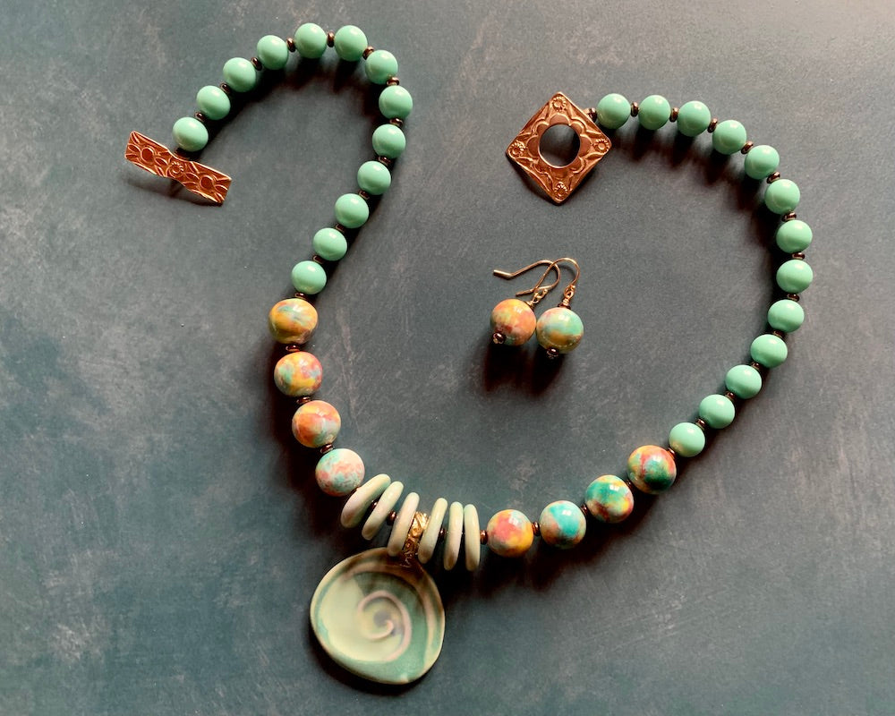 Necklace set | Artisan ceramic spiral swirl pendant, turquoise palette, 1950s Japanese Cherry Brand rounds, vintage Japanese swirl rounds, SW Style clasp