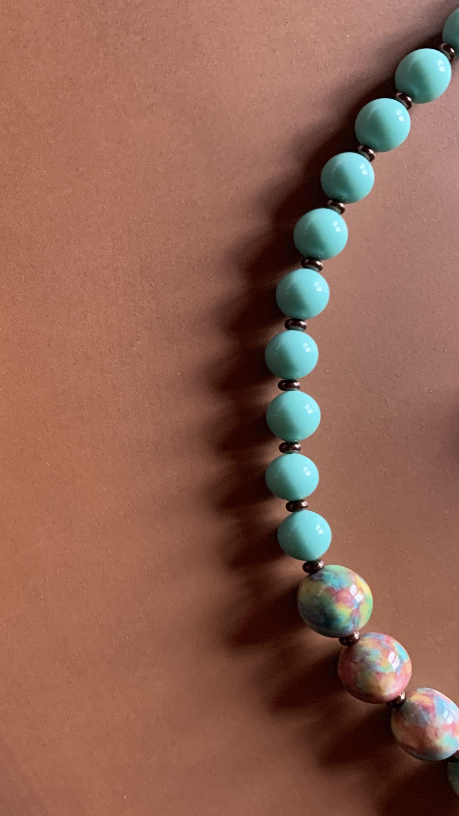 Necklace set | Artisan ceramic spiral swirl pendant, turquoise palette, 1950s Japanese Cherry Brand rounds, vintage Japanese swirl rounds, SW Style clasp