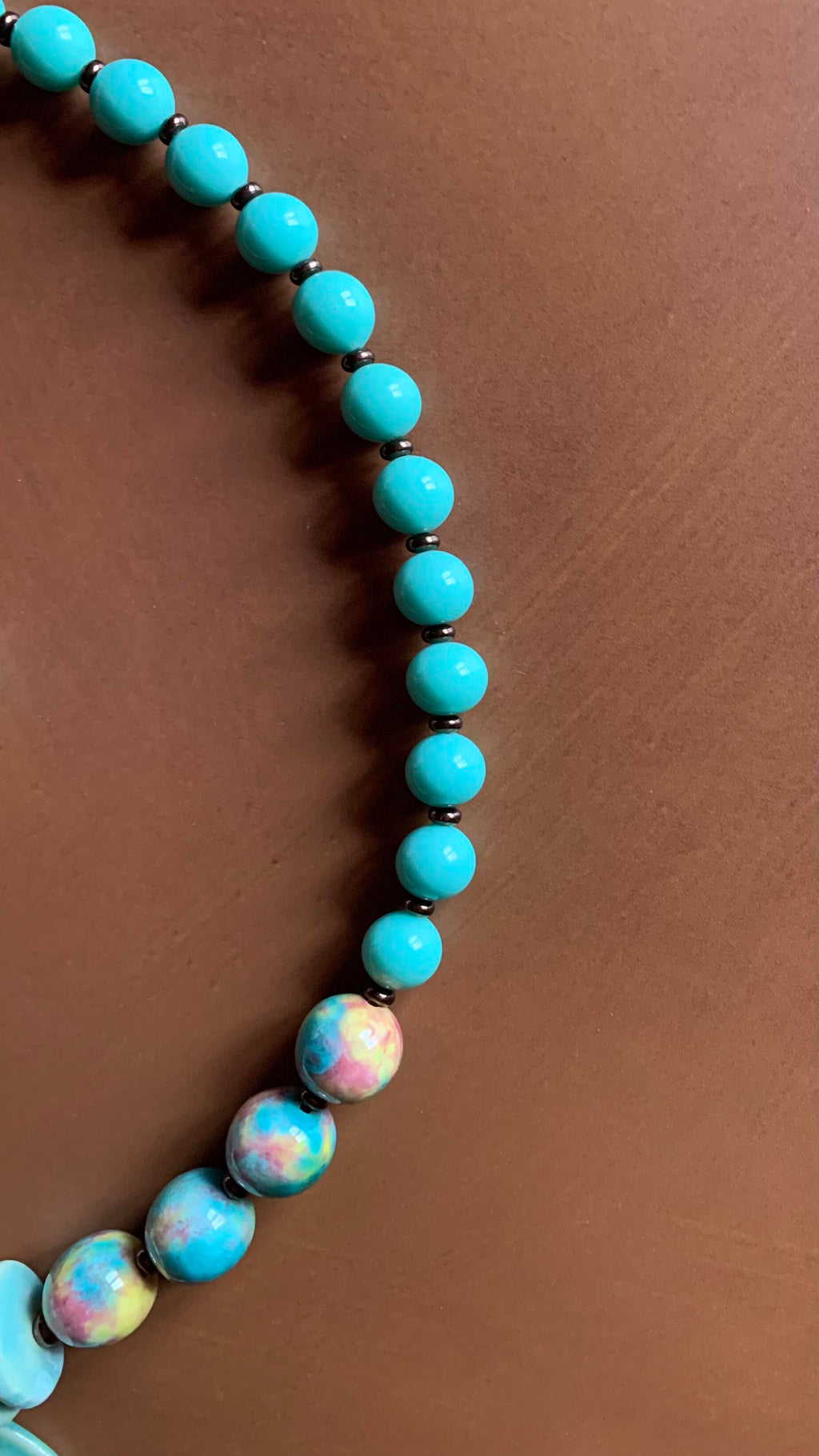 Necklace set | Artisan ceramic spiral swirl pendant, turquoise palette, 1950s Japanese Cherry Brand rounds, vintage Japanese swirl rounds, SW Style clasp