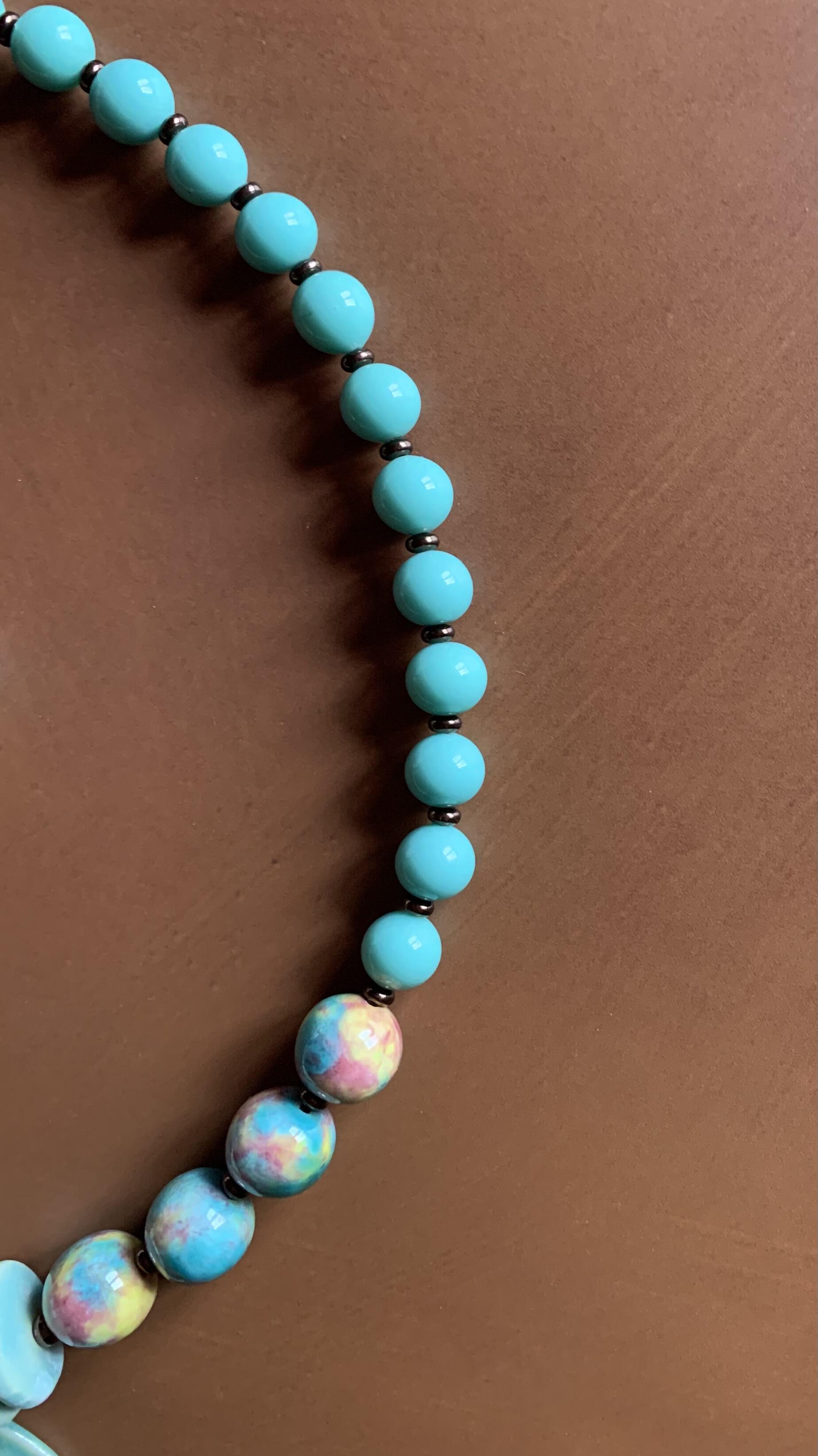 Necklace set | Artisan ceramic spiral swirl pendant, turquoise palette, 1950s Japanese Cherry Brand rounds, vintage Japanese swirl rounds, SW Style clasp