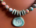 Necklace set | Artisan ceramic spiral swirl pendant, turquoise palette, 1950s Japanese Cherry Brand rounds, vintage Japanese swirl rounds, SW Style clasp