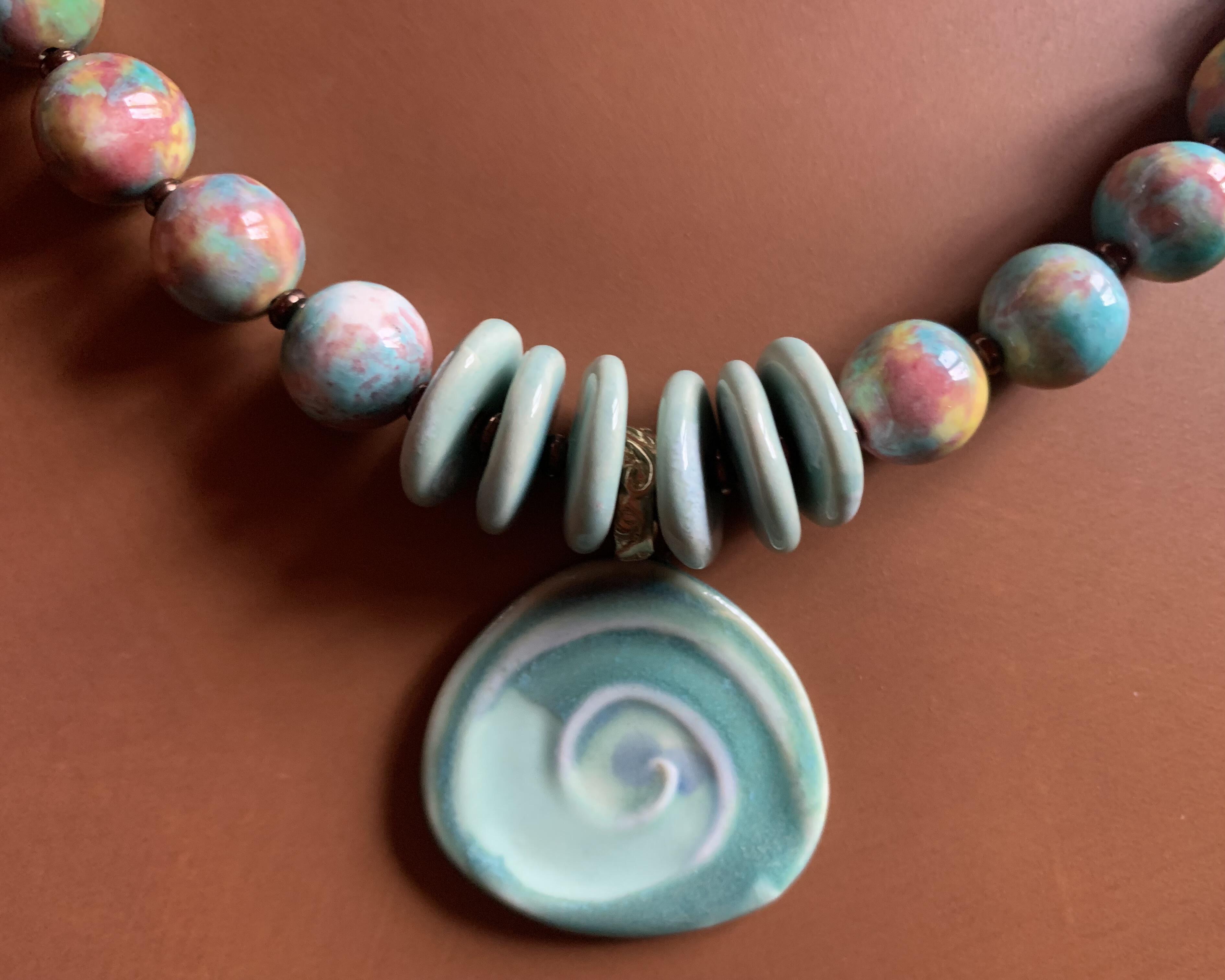 Necklace set | Artisan ceramic spiral swirl pendant, turquoise palette, 1950s Japanese Cherry Brand rounds, vintage Japanese swirl rounds, SW Style clasp
