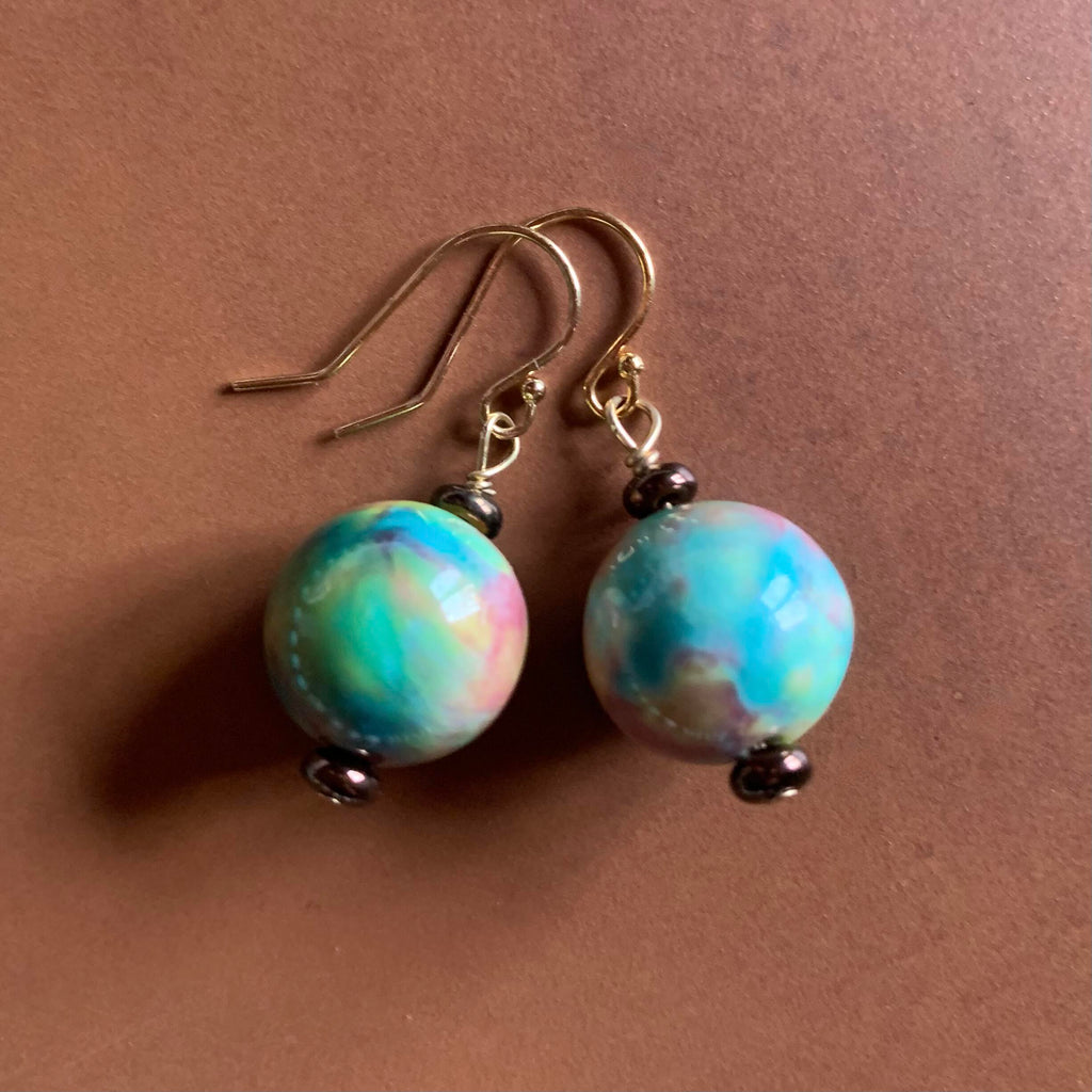 Necklace set | Artisan ceramic spiral swirl pendant, turquoise palette, 1950s Japanese Cherry Brand rounds, vintage Japanese swirl rounds, SW Style clasp