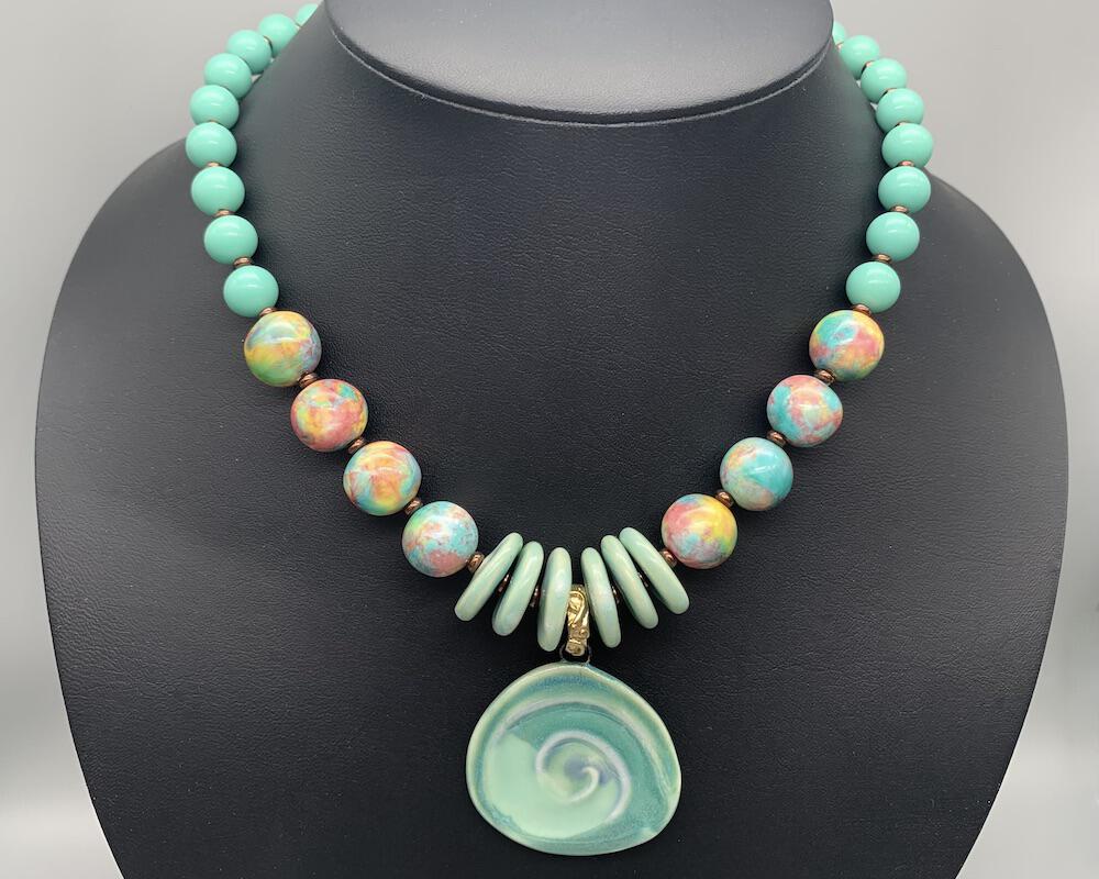 Necklace set | Artisan ceramic spiral swirl pendant, turquoise palette, 1950s Japanese Cherry Brand rounds, vintage Japanese swirl rounds, SW Style clasp