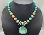 Necklace set | Artisan ceramic spiral swirl pendant, turquoise palette, 1950s Japanese Cherry Brand rounds, vintage Japanese swirl rounds, SW Style clasp