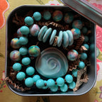 Necklace set | Artisan ceramic spiral swirl pendant, turquoise palette, 1950s Japanese Cherry Brand rounds, vintage Japanese swirl rounds, SW Style clasp
