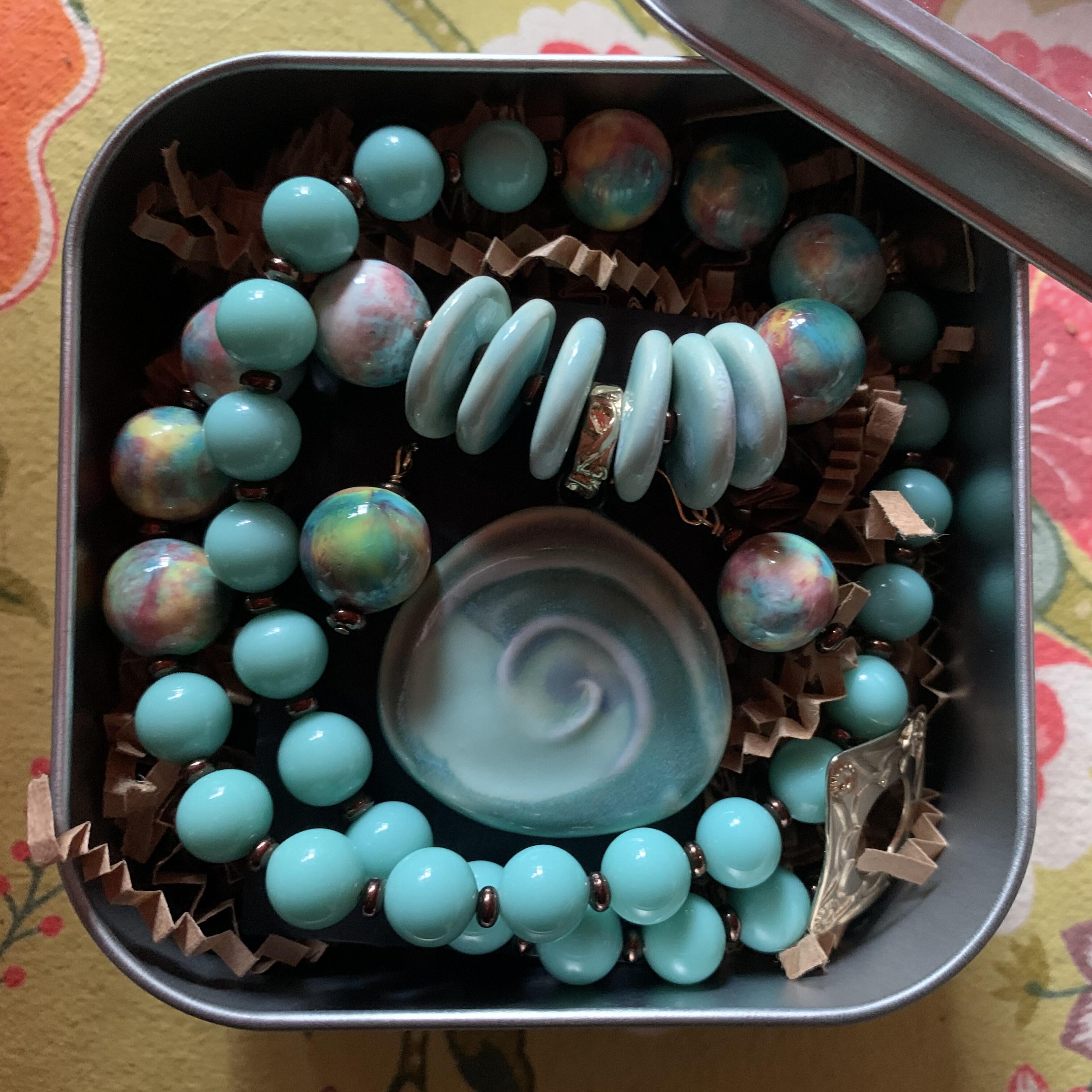Necklace set | Artisan ceramic spiral swirl pendant, turquoise palette, 1950s Japanese Cherry Brand rounds, vintage Japanese swirl rounds, SW Style clasp