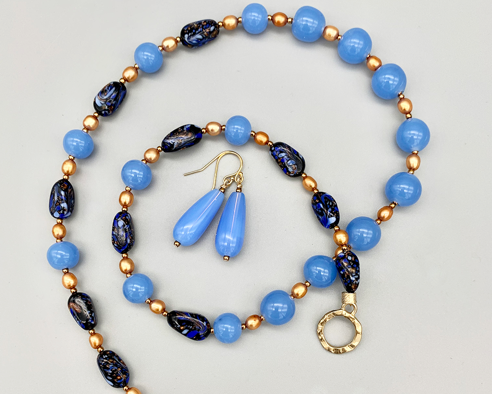 Necklace Set | Japanese 1950s chalcedony blue glass beads, Italian black/periwinkle/aventurina planed ovals, freshwater pearls
