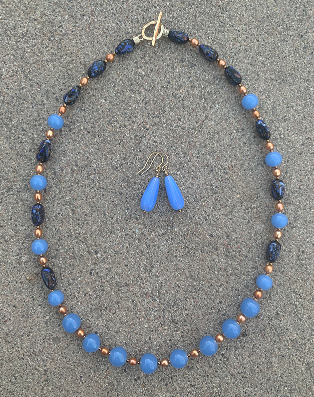 Necklace Set | Japanese 1950s chalcedony blue glass beads, Italian black/periwinkle/aventurina planed ovals, freshwater pearls
