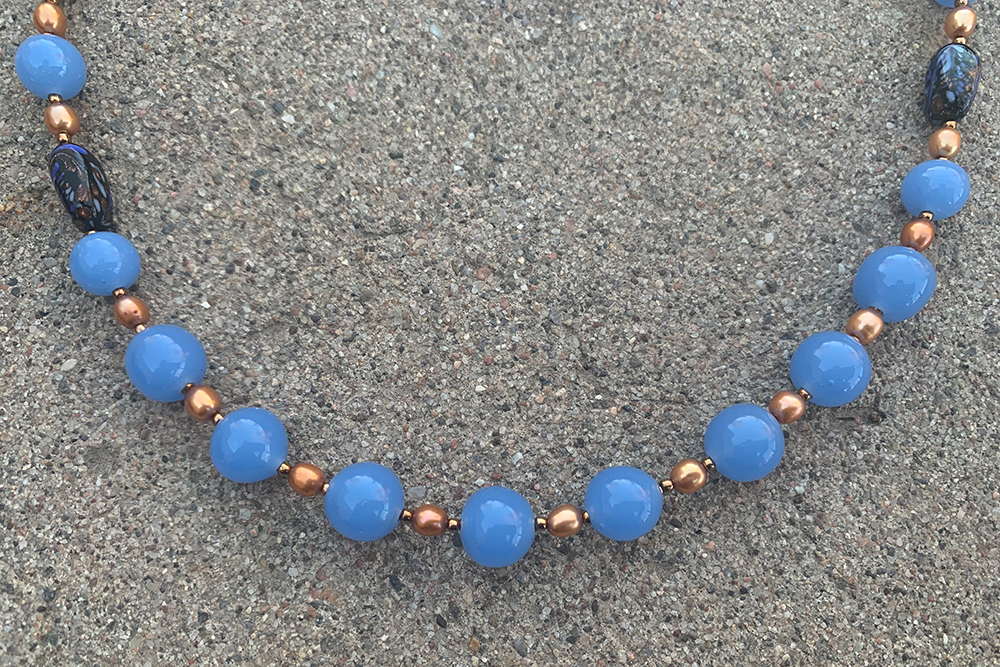 Necklace Set | Japanese 1950s chalcedony blue glass beads, Italian black/periwinkle/aventurina planed ovals, freshwater pearls